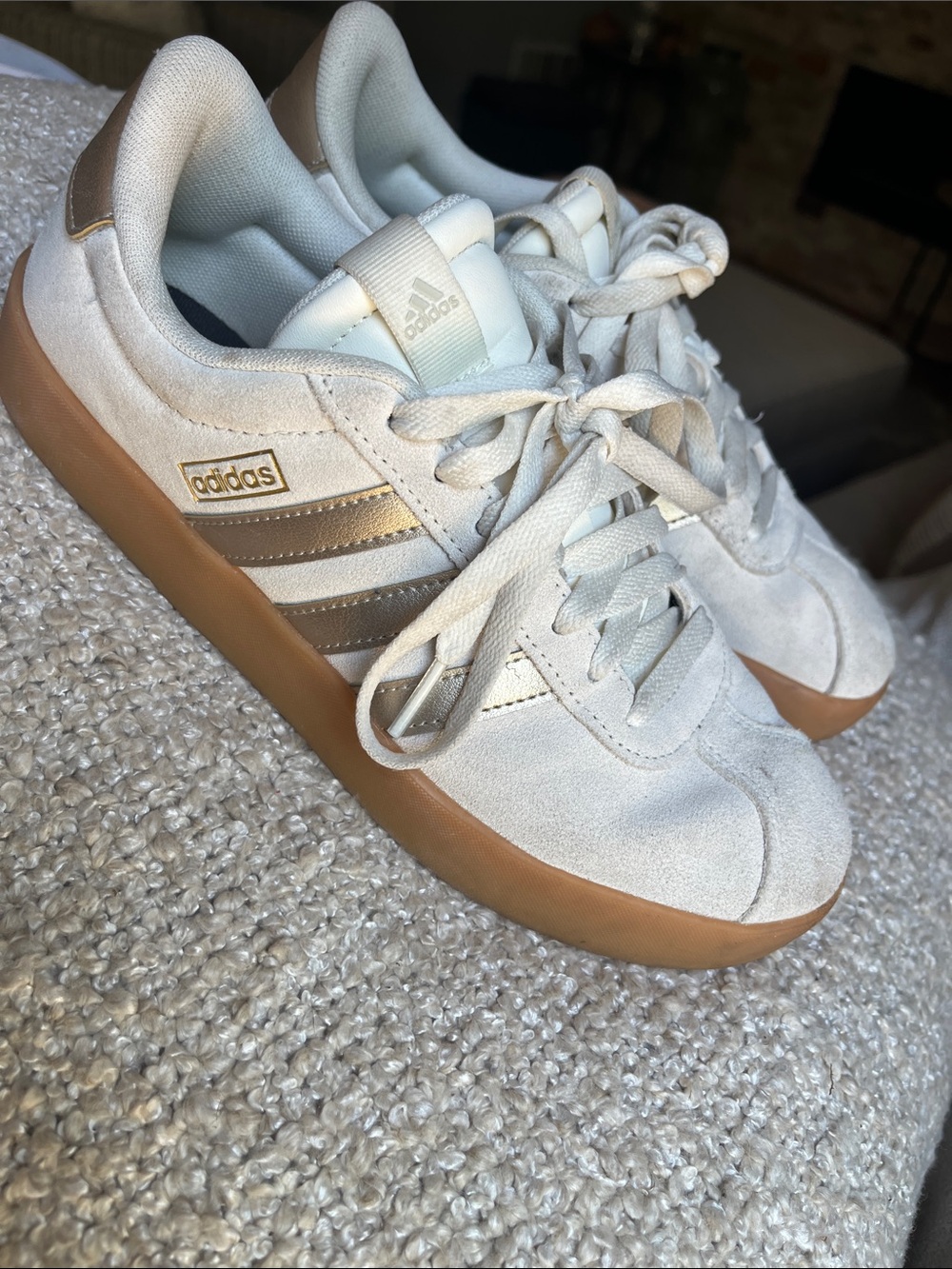 adidas Cream Suede Sneakers with Gum Sole and Metallic Gold Stripes